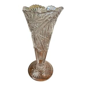Antique Victorian Pressed Glass Trumpet Vase Star Fan Diamond Pattern Pedestal